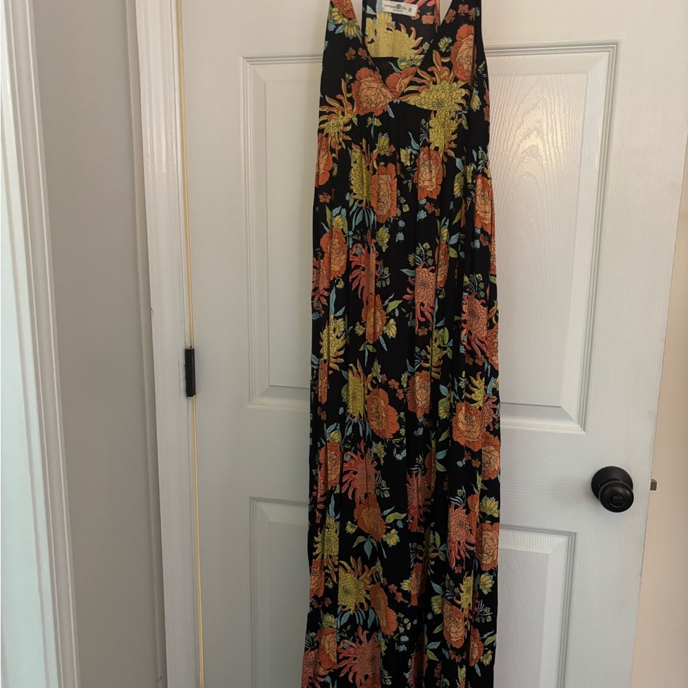 NATURAL LIFE Black Maxi Skirt with Orange and Green Floral Pattern